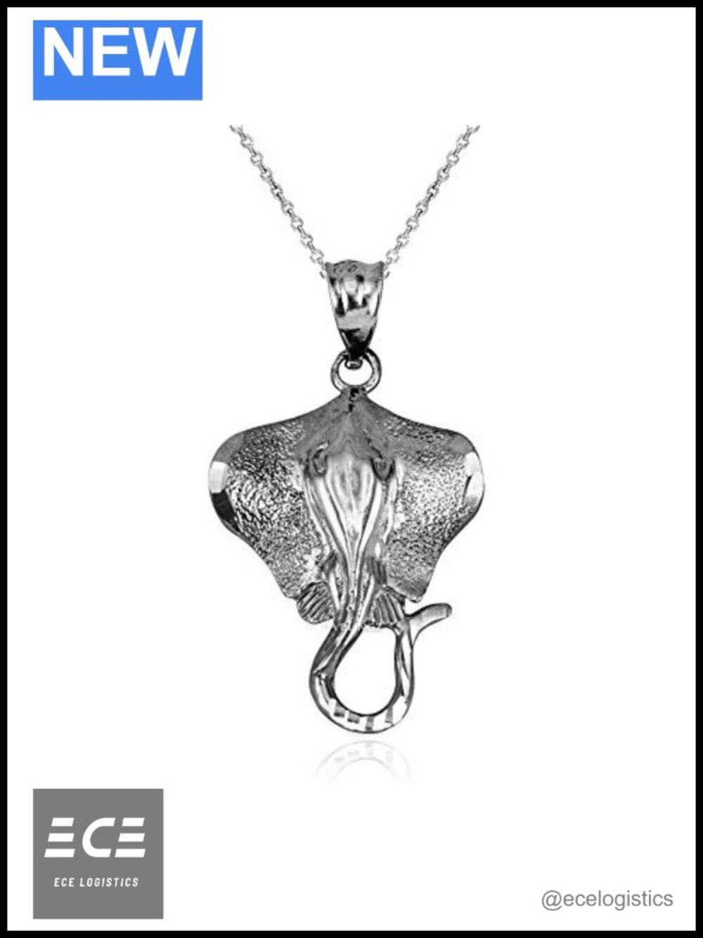 Solid Sterling Silver Stingray Fish Pendant Necklace
